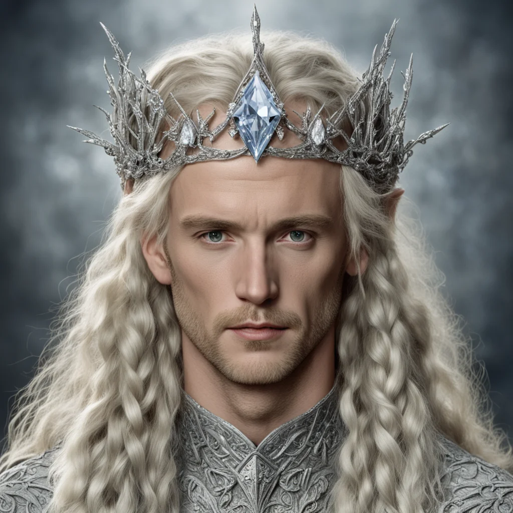 tolkien king oropher with blond hair and braids wearing silver twigs encrusted with diamonds with large diamond clusters to form a silver elvish circlet with large center diamond good looking trendi