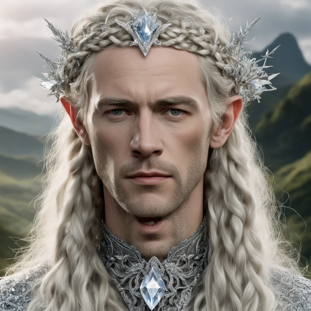 aitolkien king oropher with blond hair and braids wearing silver twigs encrusted with diamonds with large diamond clusters to form a silver elvish circlet with large center diamond