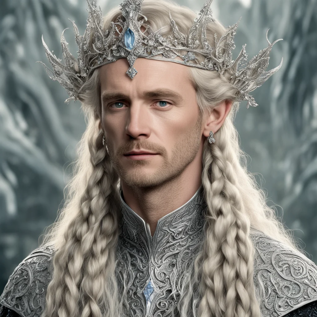 tolkien king oropher with blond hair and braids wearing silver vines encrusted with diamonds and clusters of diamonds forming a silver serpentine elvish coronet with large center diamond amazing awe