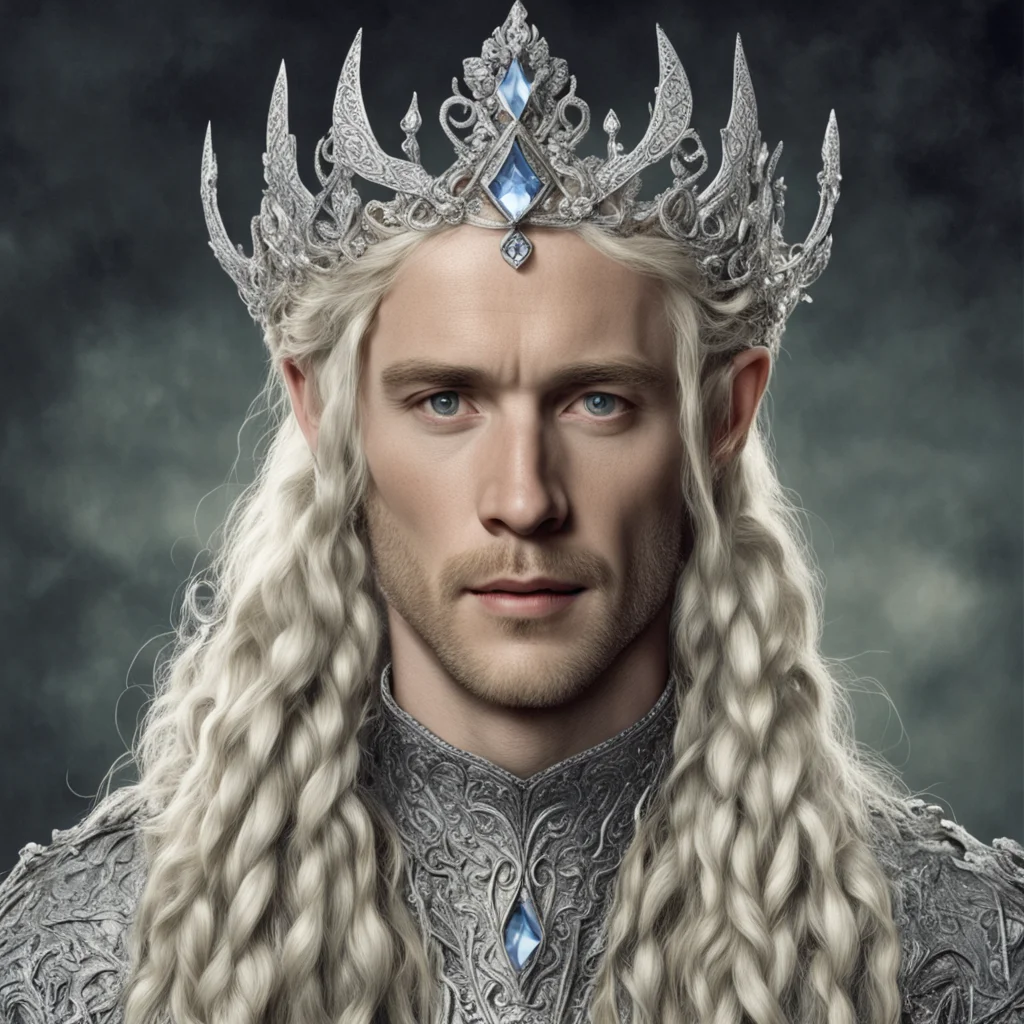 tolkien king oropher with blond hair and braids wearing silver vines encrusted with diamonds and clusters of diamonds forming a silver serpentine elvish coronet with large center diamond good lookin