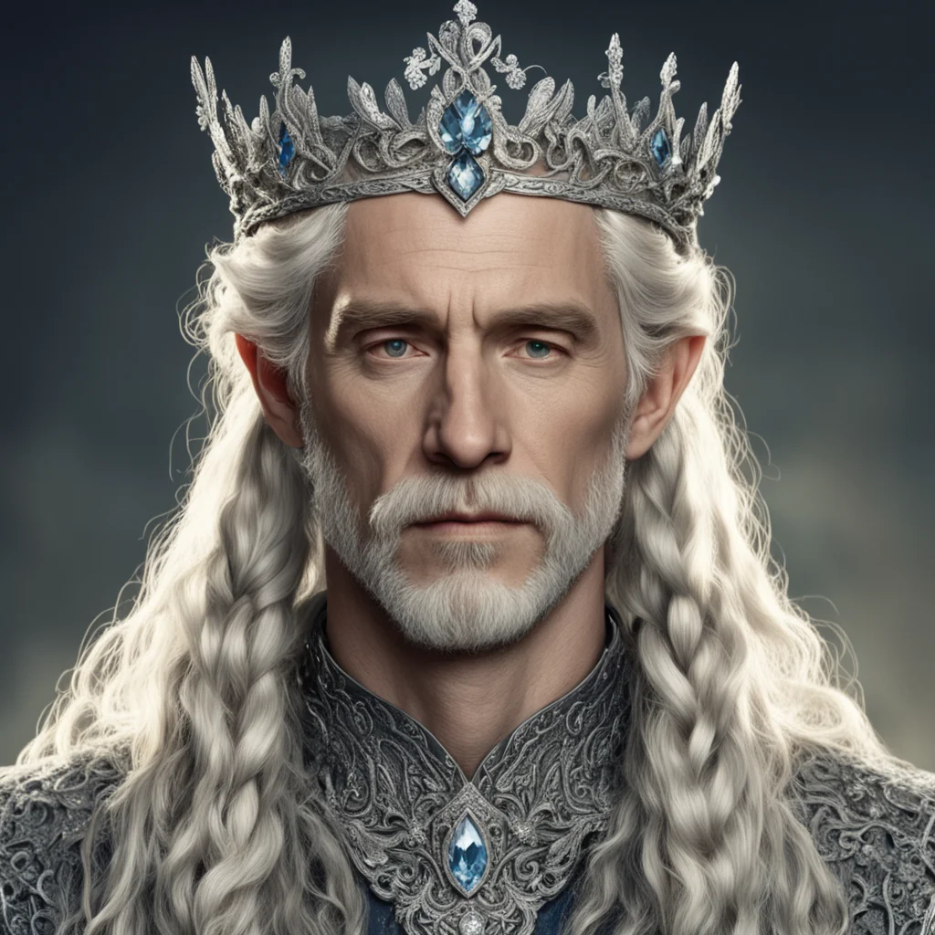aitolkien king oropher with blond hair and braids wearing silver vines encrusted with diamonds and clusters of diamonds forming a silver serpentine elvish coronet with large center diamond