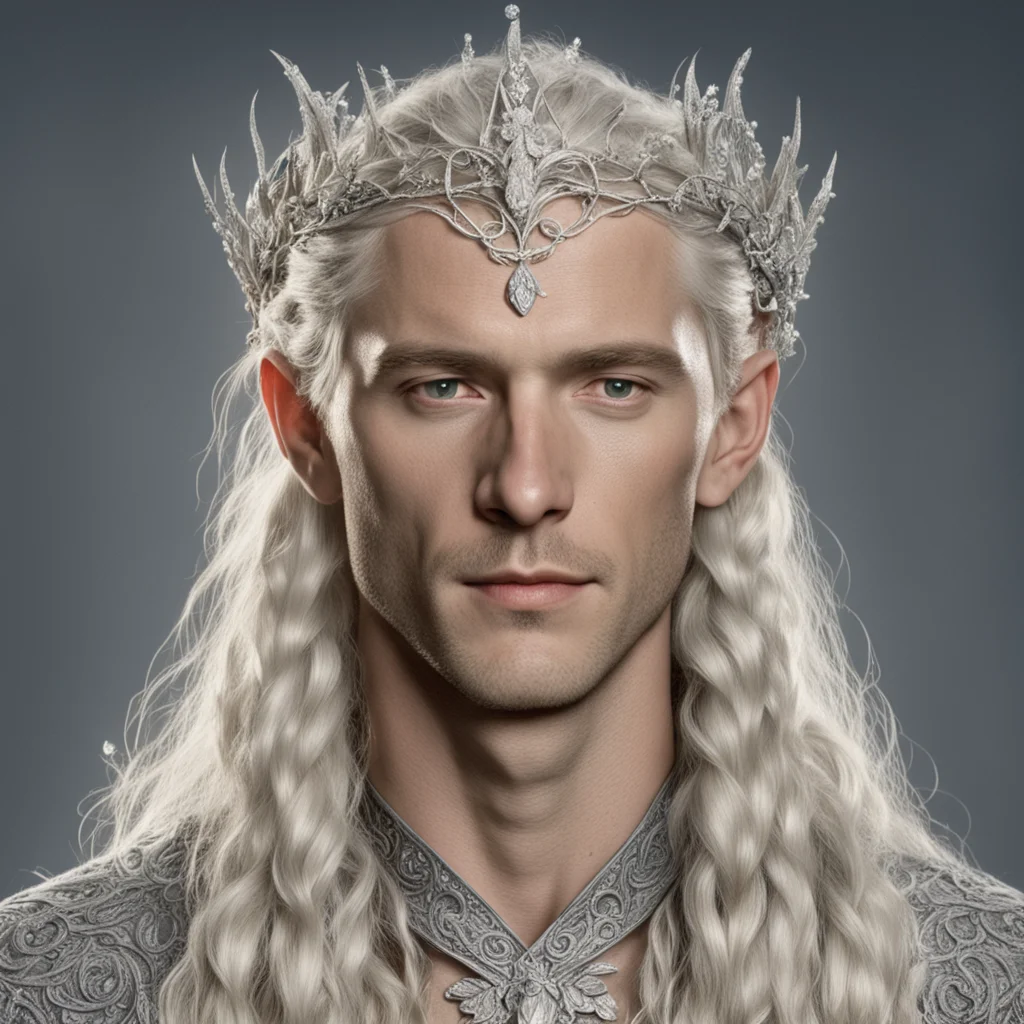 tolkien king oropher with blond hair and braids wearing silver vines encrusted with diamonds and small silver flowers encrusted with diamonds forming a silver elvish circlet with large center diamon