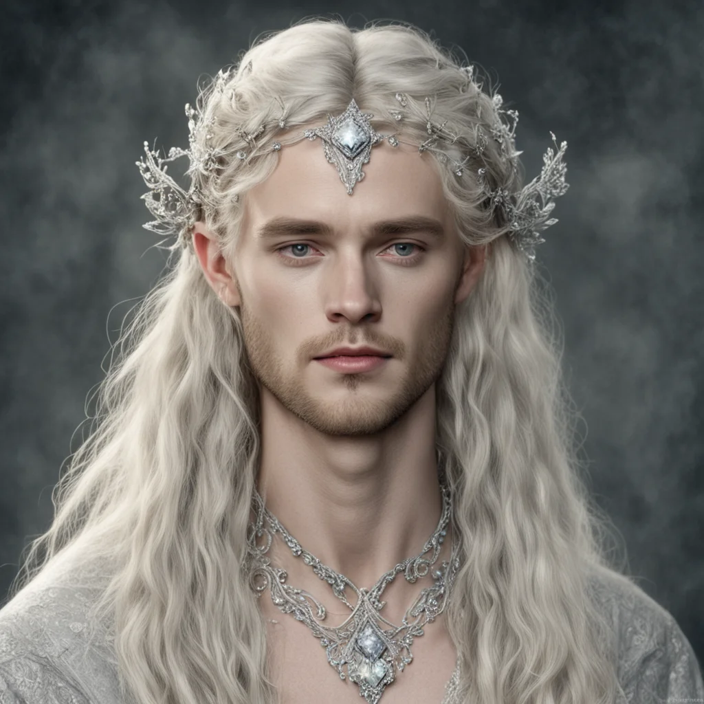 tolkien king oropher with blond hair and braids wearing silver vines encrusted with diamonds and small silver flowers encrusted with diamonds forming a silver serpentine elvish circlet with large ce