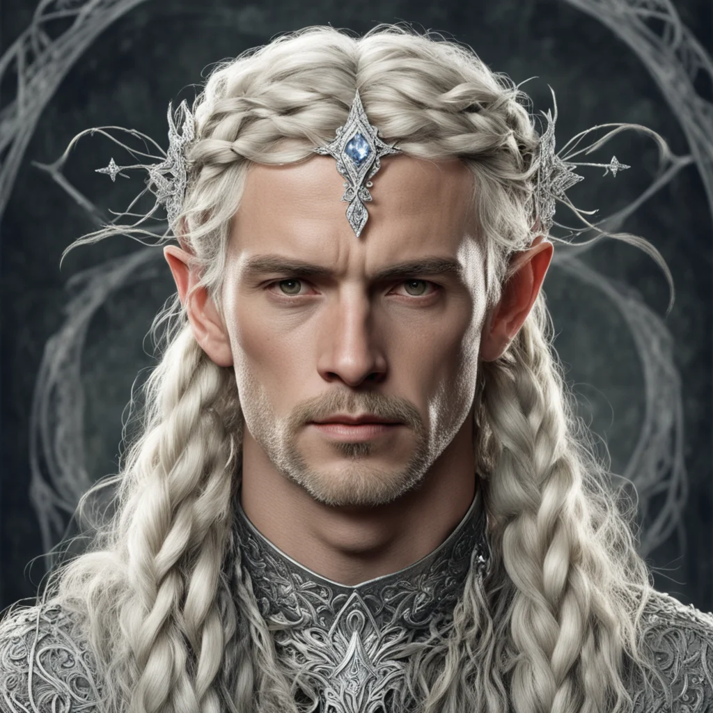 tolkien king oropher with blond hair and braids wearing silver vines encrusted with diamonds forming a silver elvish circlet with large center diamond  amazing awesome portrait 2
