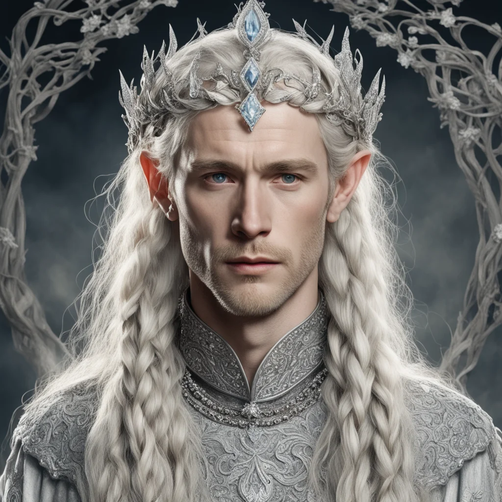tolkien king oropher with blond hair and braids wearing silver vines encrusted with diamonds with silver flowers encrusted with diamonds forming a silver elvish circlet with large center diamond .we