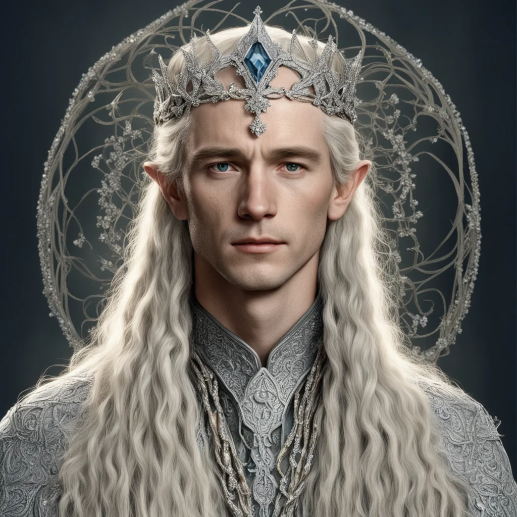 tolkien king oropher with blond hair and braids wearing silver vines encrusted with diamonds with silver flowers encrusted with diamonds forming a silver elvish circlet with large center diamond ama