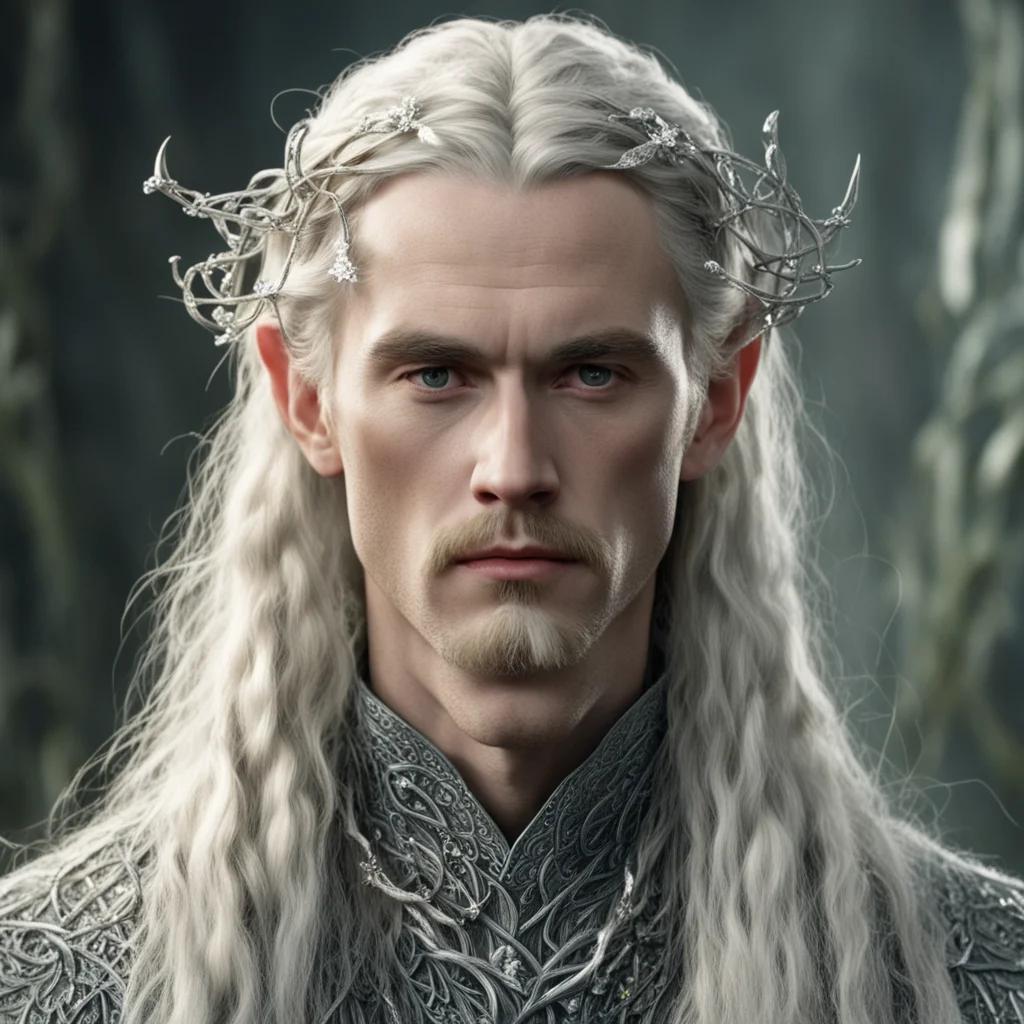 aitolkien king oropher with blond hair and braids wearing silver vines to form silver sindarin elvish hair forks encrusted with diamonds amazing awesome portrait 2