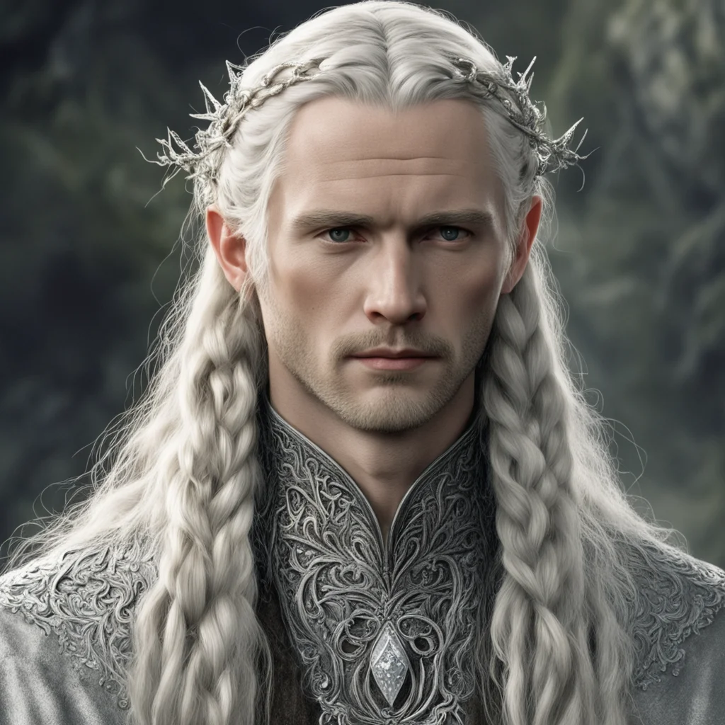 aitolkien king oropher with blond hair and braids wearing silver vines to form silver sindarin elvish hair forks encrusted with diamonds confident engaging wow artstation art 3