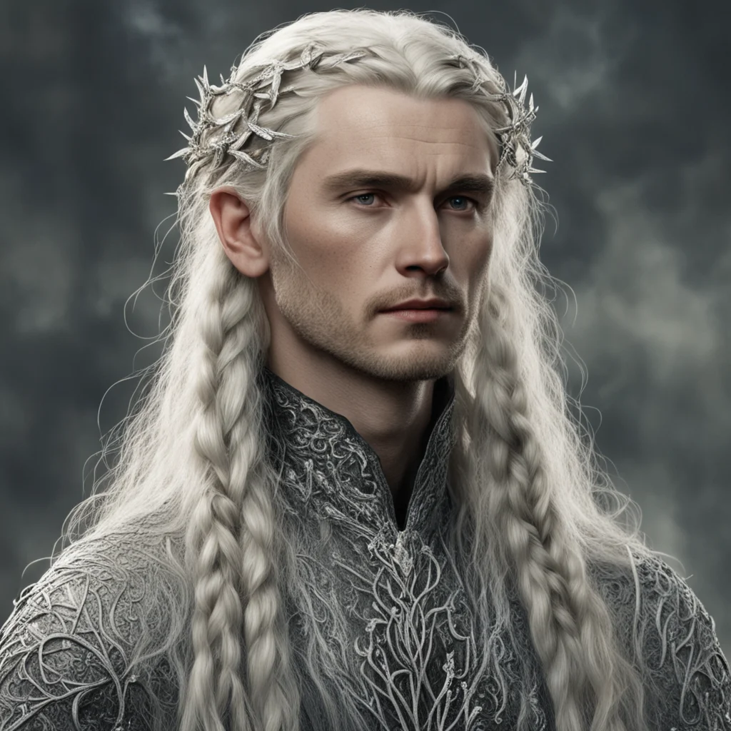 aitolkien king oropher with blond hair and braids wearing silver vines to form silver sindarin elvish hair forks encrusted with diamonds