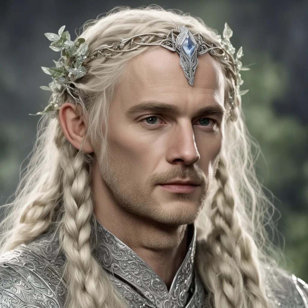 aitolkien king oropher with blond hair and braids wearing silver vines will small silver leaves encrusted with diamonds to make a small silver elvish circlet with large center diamond