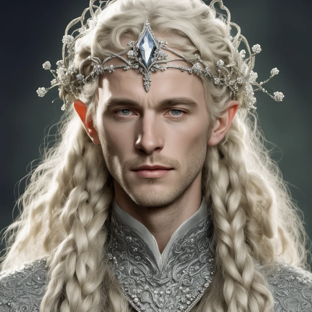 tolkien king oropher with blond hair and braids wearing small silver flowers encrusted with diamonds forming a silver serpentine elvish circlet with large center diamond confident engaging wow artst