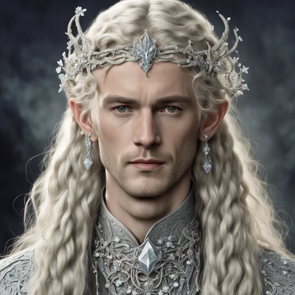 tolkien king oropher with blond hair and braids wearing small silver flowers encrusted with diamonds forming a silver serpentine elvish circlet with large center diamond good looking trending fantas