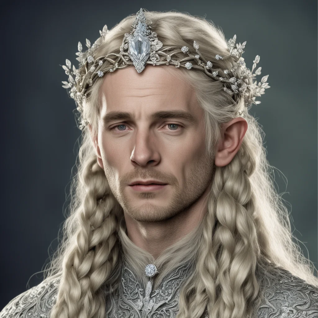 aitolkien king oropher with blond hair and braids wearing small silver flowers encrusted with diamonds forming a silver serpentine elvish circlet with large center diamond