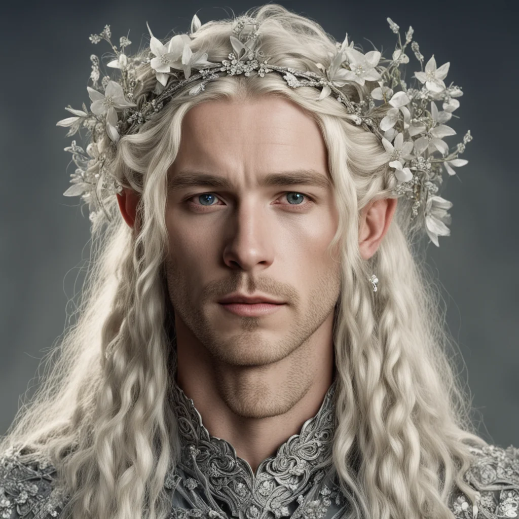 tolkien king oropher with blond hair and braids wearing small silver flowers encrusted with diamonds intertwined to form a silver sindarin elvish circlet with large center diamond amazing awesome po