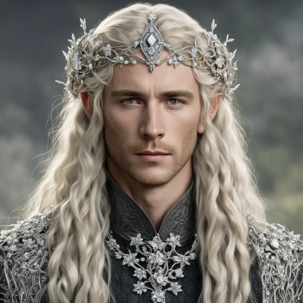 tolkien king oropher with blond hair and braids wearing small silver flowers encrusted with diamonds intertwined to form a silver sindarin elvish circlet with large center diamond good looking trend