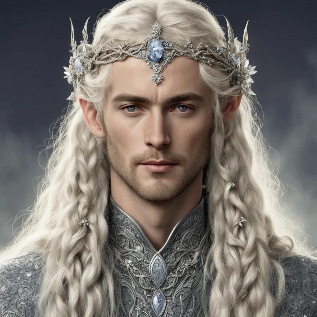 aitolkien king oropher with blond hair and braids wearing small silver flowers encrusted with diamonds intertwined to form a silver sindarin elvish circlet with large center diamond