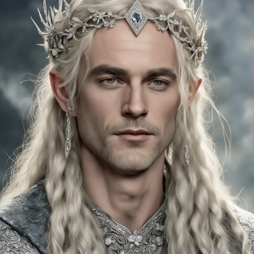 tolkien king oropher with blond hair and braids wearing small silver flowers encrusted with diamonds to form small silver elvish circlet with large center diamond  amazing awesome portrait 2