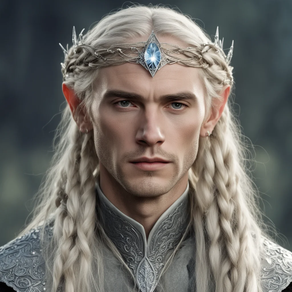 aitolkien king oropher with blond hair and braids with silver diamond studded elvish hair pins and silver elvish circlet with large center diamond confident engaging wow artstation art 3