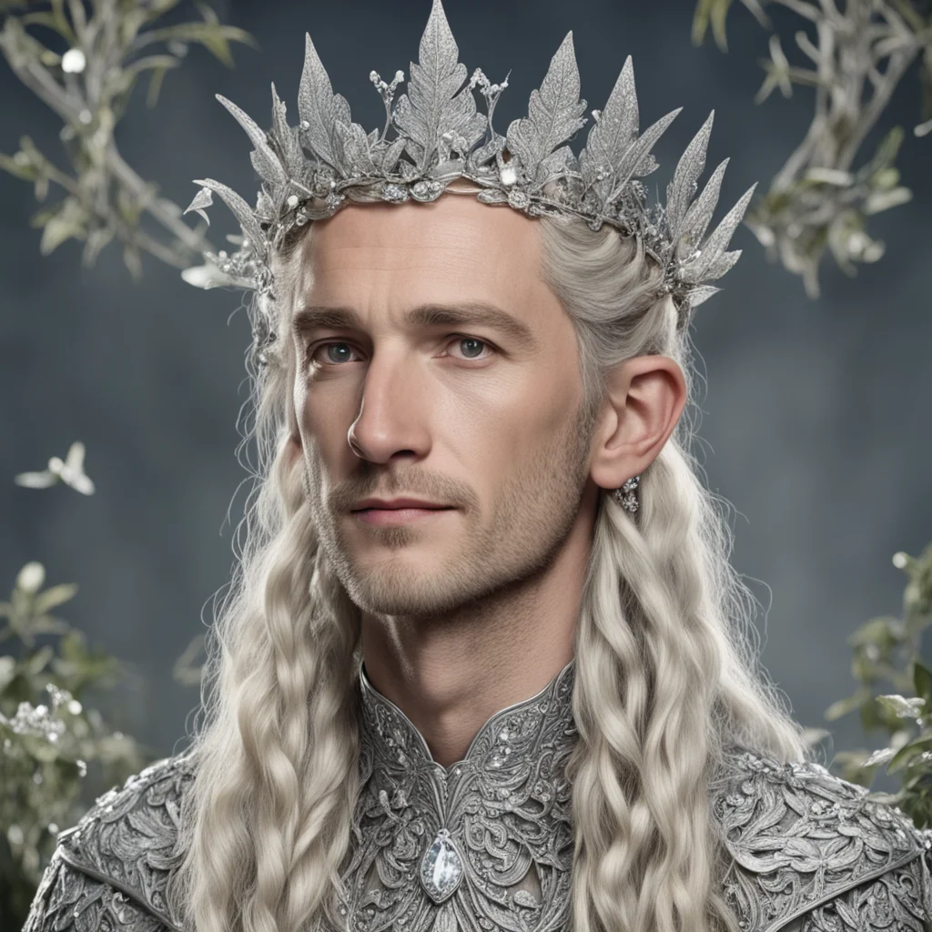 tolkien king oropher with blond hair and braids with silver oak leaves encrusted with diamonds with diamond clusters to form a silver elvish coronet with large center diamond 