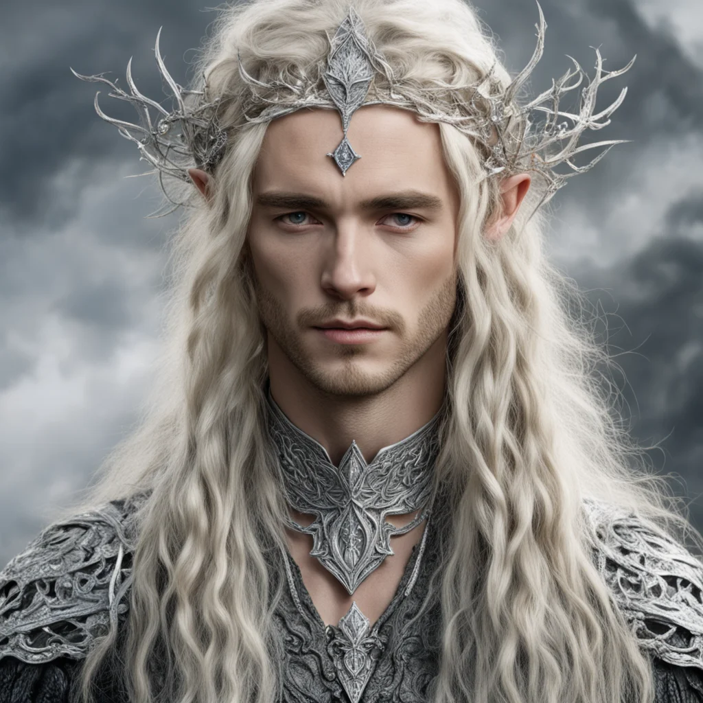 aitolkien king oropher with blond hair and braids with silver twigs encrusted with diamonds to form a silver sindarin elvish circlet with large center diamond  amazing awesome portrait 2
