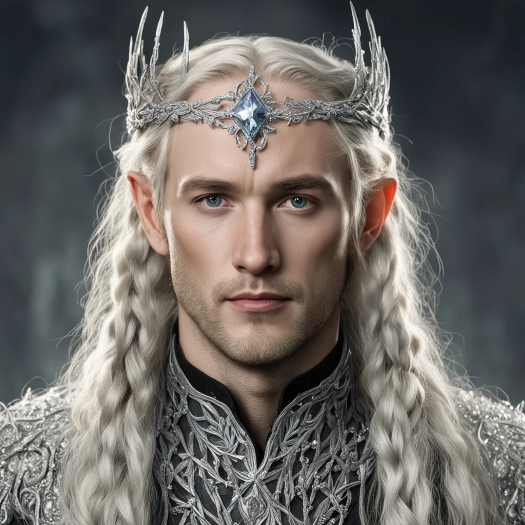 tolkien king oropher with blond hair and braids with silver twigs encrusted with diamonds to form a silver sindarin elvish circlet with large center diamond  confident engaging wow artstation art 3.
