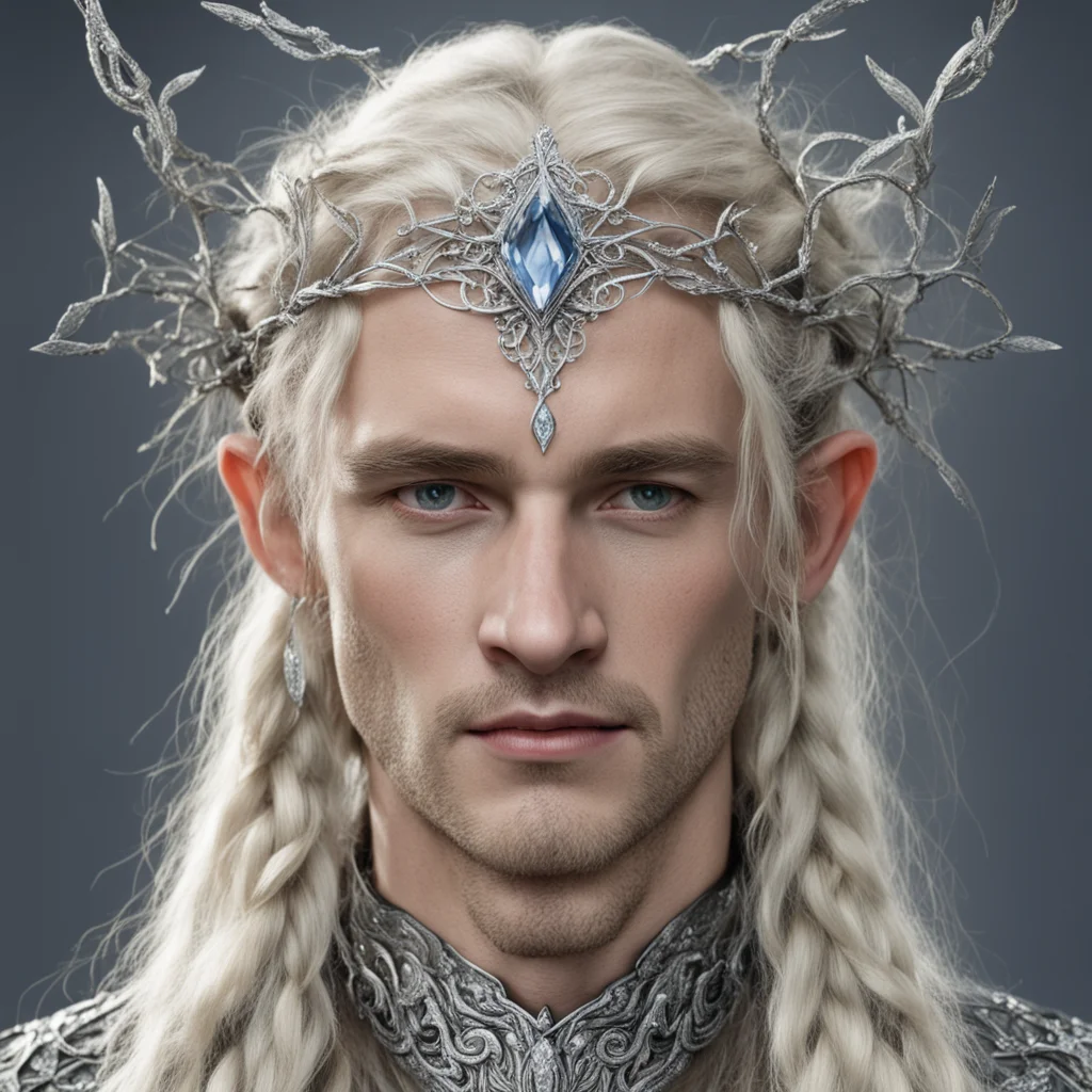 aitolkien king oropher with blond hair and braids with silver twigs encrusted with diamonds to form a silver sindarin elvish circlet with large center diamond  good looking trending fantastic 1