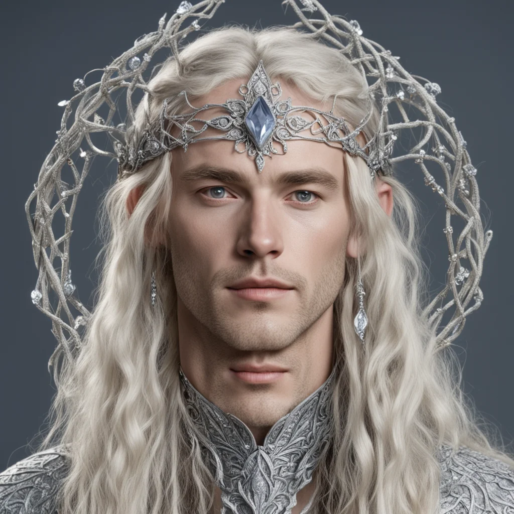 aitolkien king oropher with blond hair and braids with silver twigs encrusted with diamonds to form a silver sindarin elvish circlet with large center diamond 