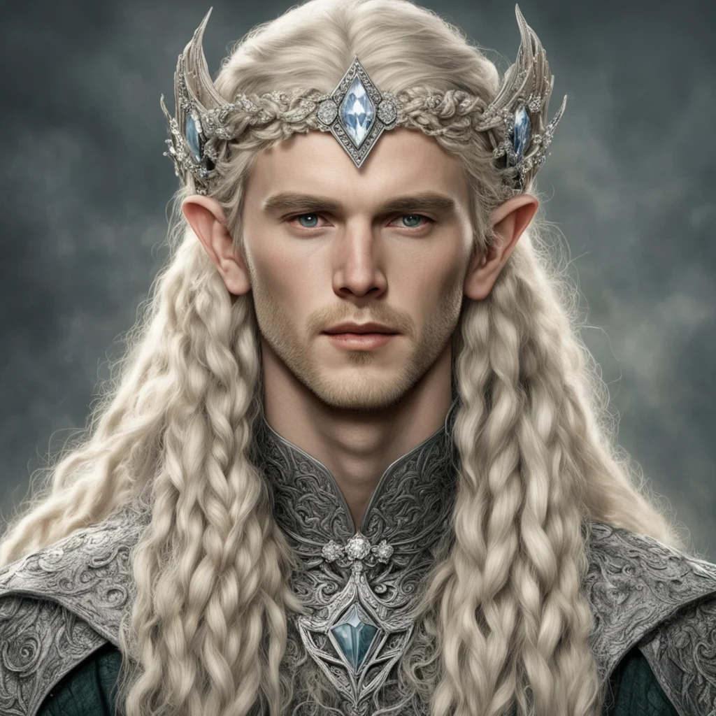 tolkien king oropher with blond hair with braids wearing silver flower elvish circlet encrusted with diamonds with large center diamond  amazing awesome portrait 2