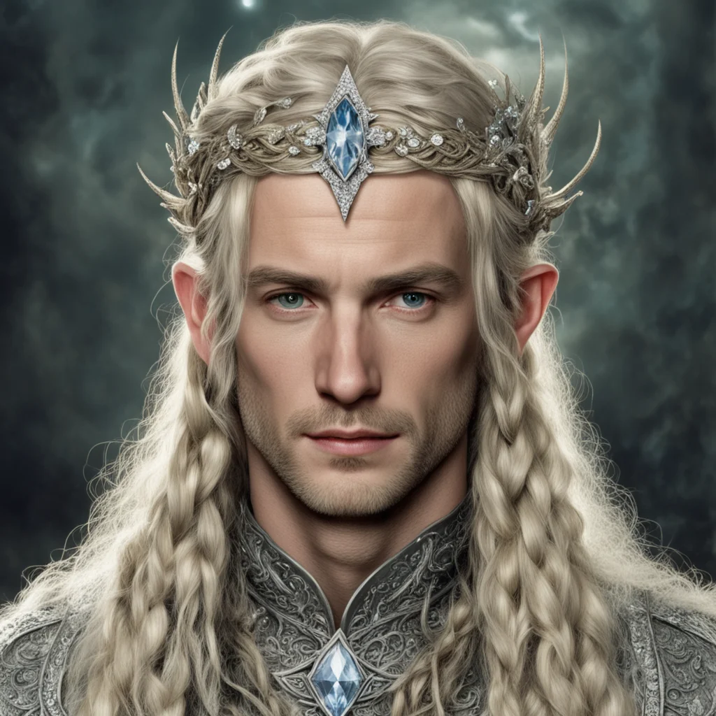 aitolkien king oropher with blond hair with braids wearing silver flower elvish circlet encrusted with diamonds with large center diamond  good looking trending fantastic 1