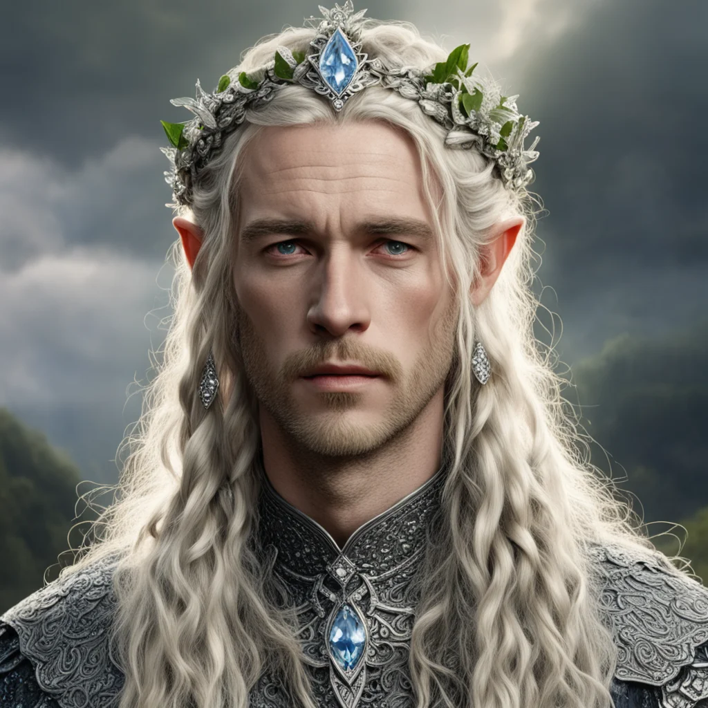 aitolkien king oropher with blond hair with braids wearing silver flower elvish circlet encrusted with diamonds