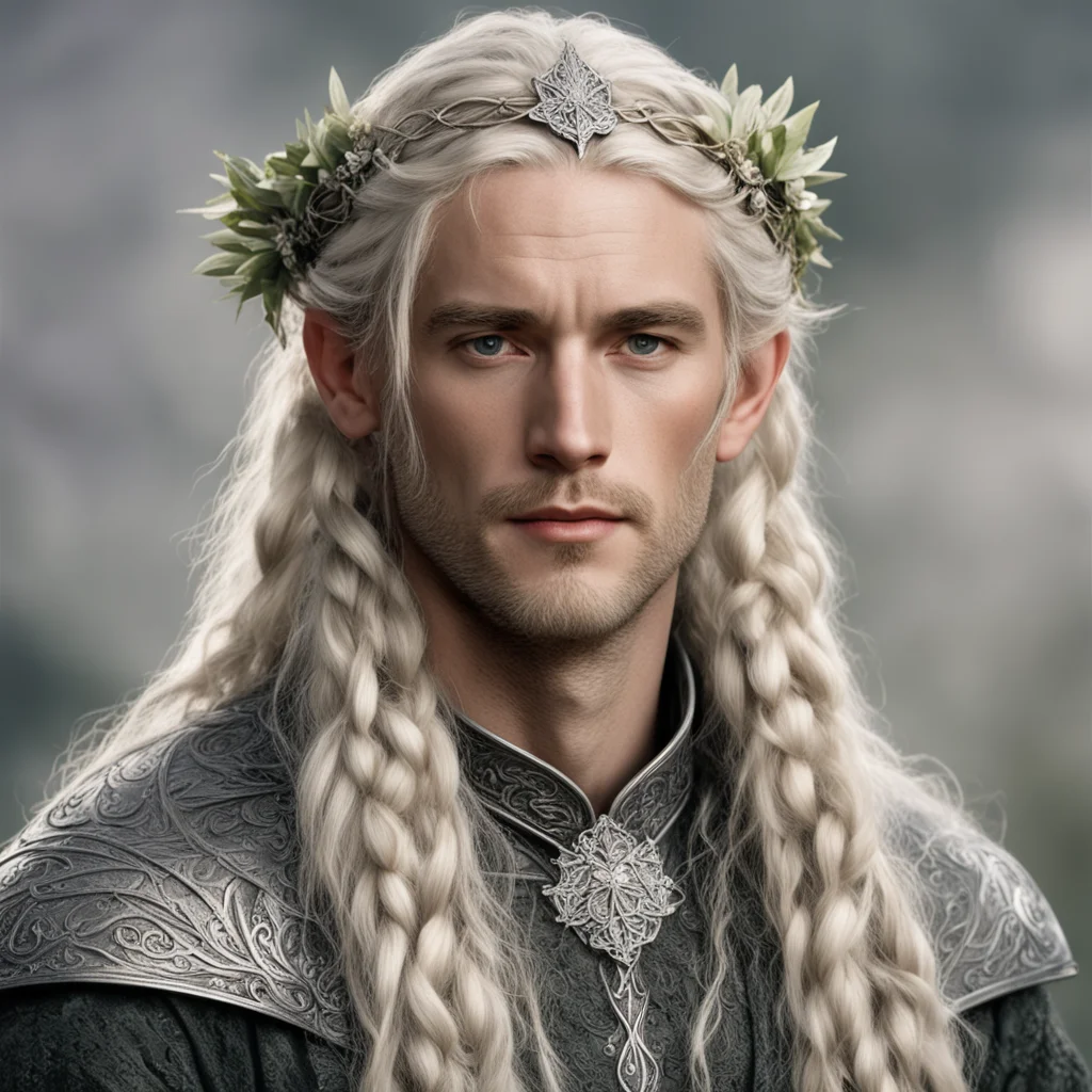 aitolkien king oropher with blond hair with braids wearing silver flower elvish circlet with diamonds good looking trending fantastic 1