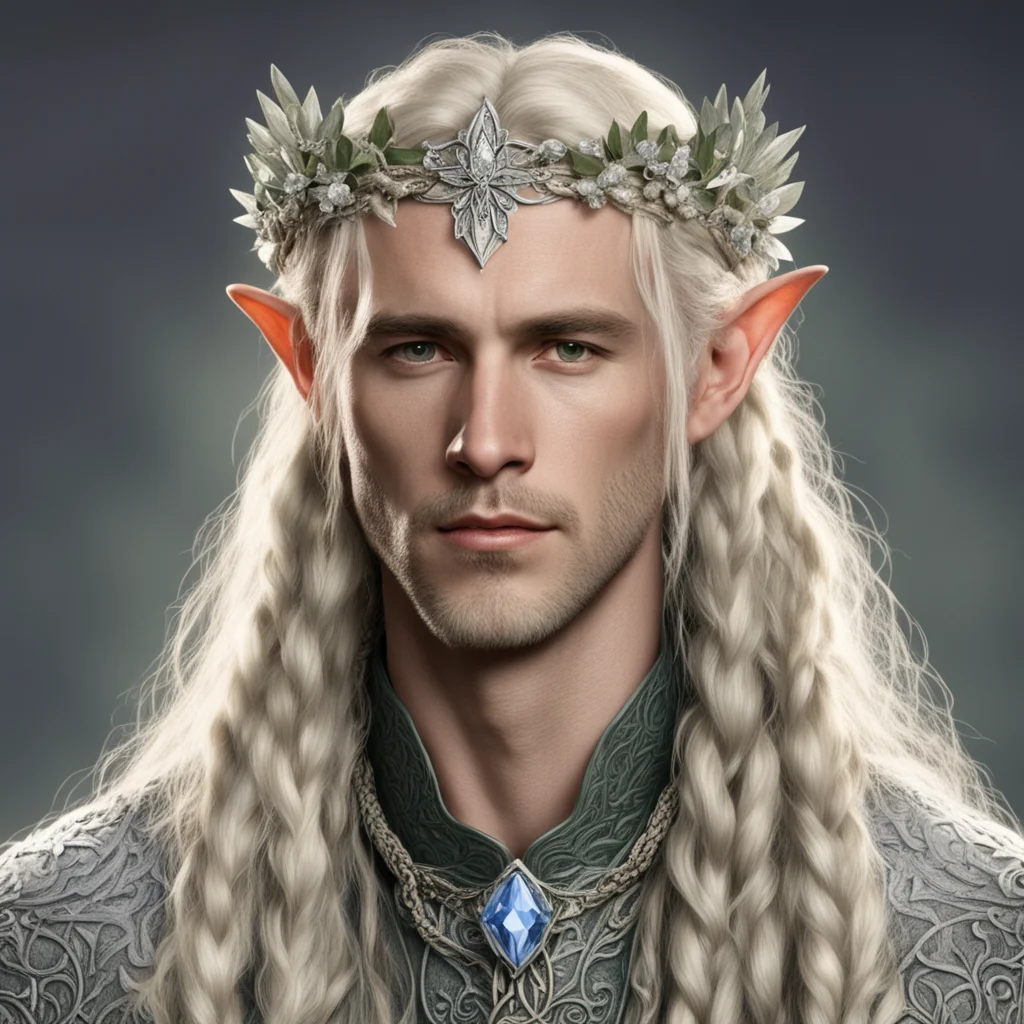aitolkien king oropher with blond hair with braids wearing silver flower elvish circlet with large diamond accent good looking trending fantastic 1