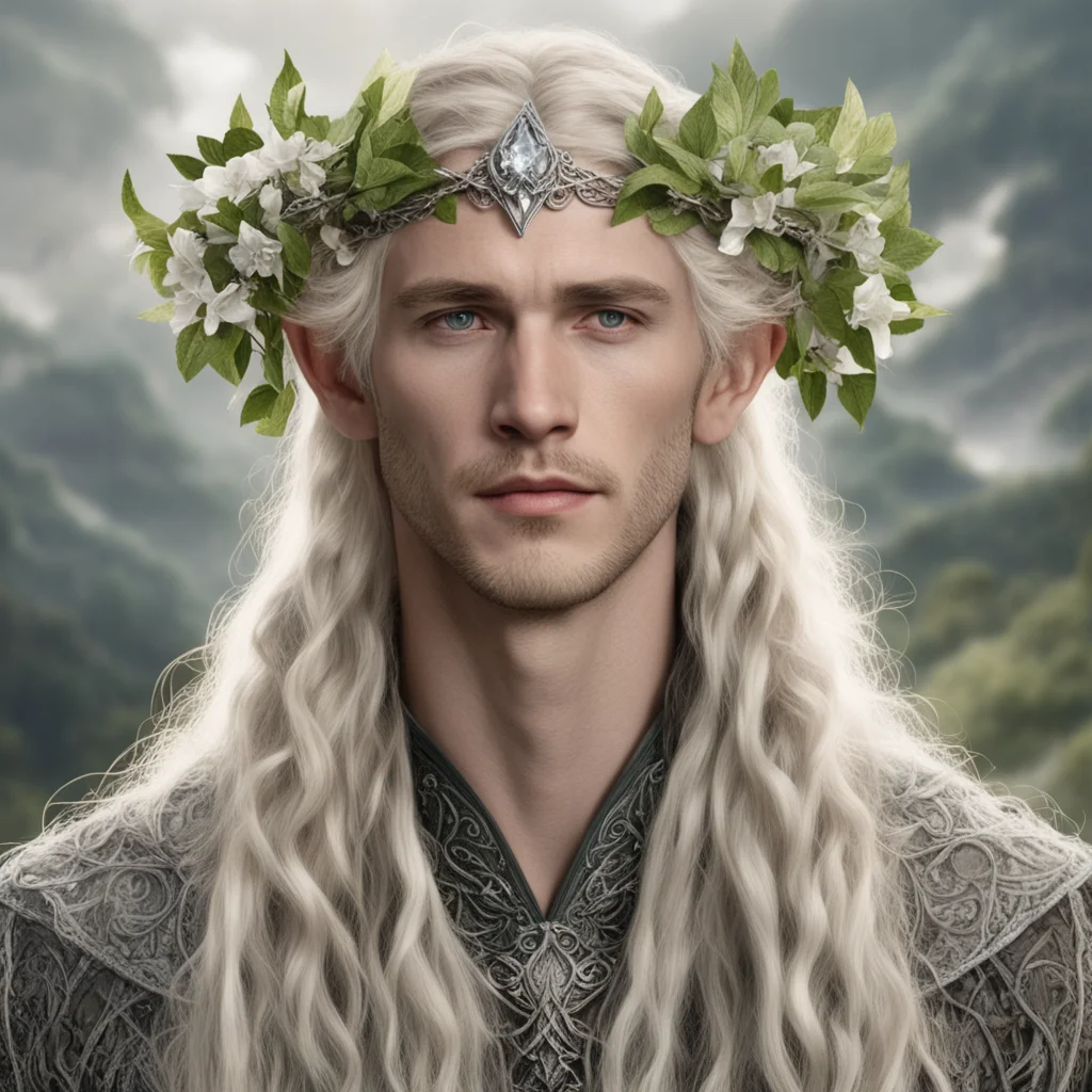 aitolkien king oropher with blond hair with braids wearing silver flower vine elvish circlet with large diamond