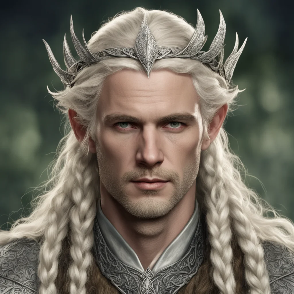 tolkien king oropher with blond hair with braids wearing silver laurel leaf elven circlet with diamonds good looking trending fantastic 1