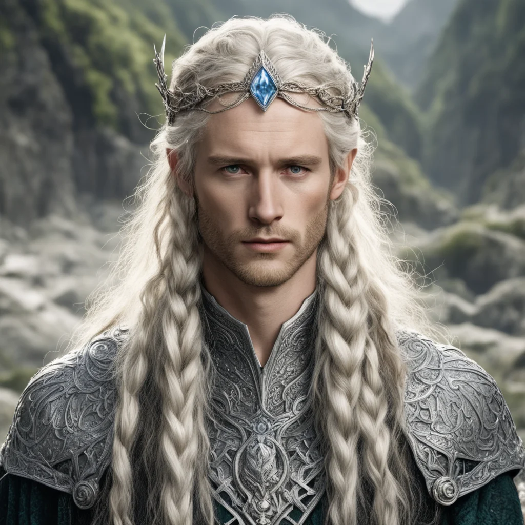 aitolkien king oropher with blond hair with braids wearing silver leaf elvish circlet with diamonds
