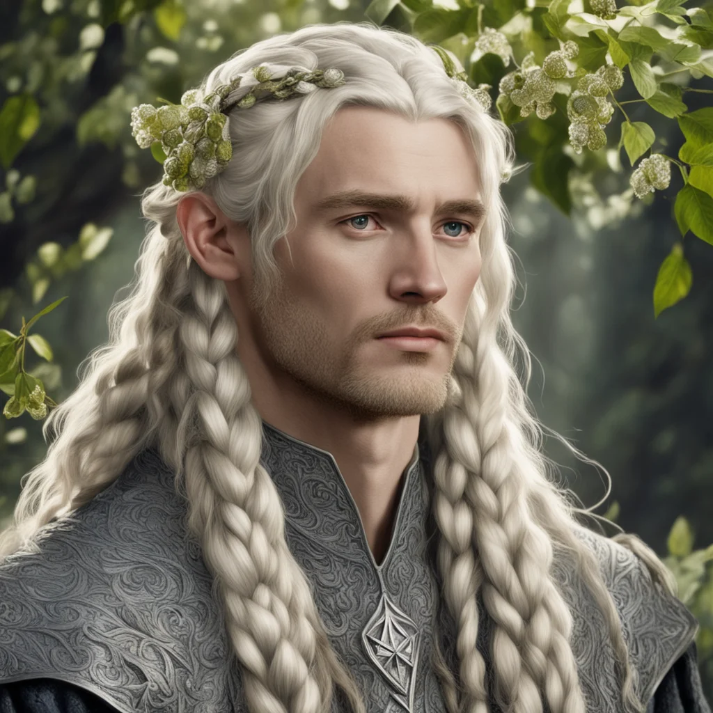 tolkien king oropher with blond hair with braids wearing silver leaves and diamond berries