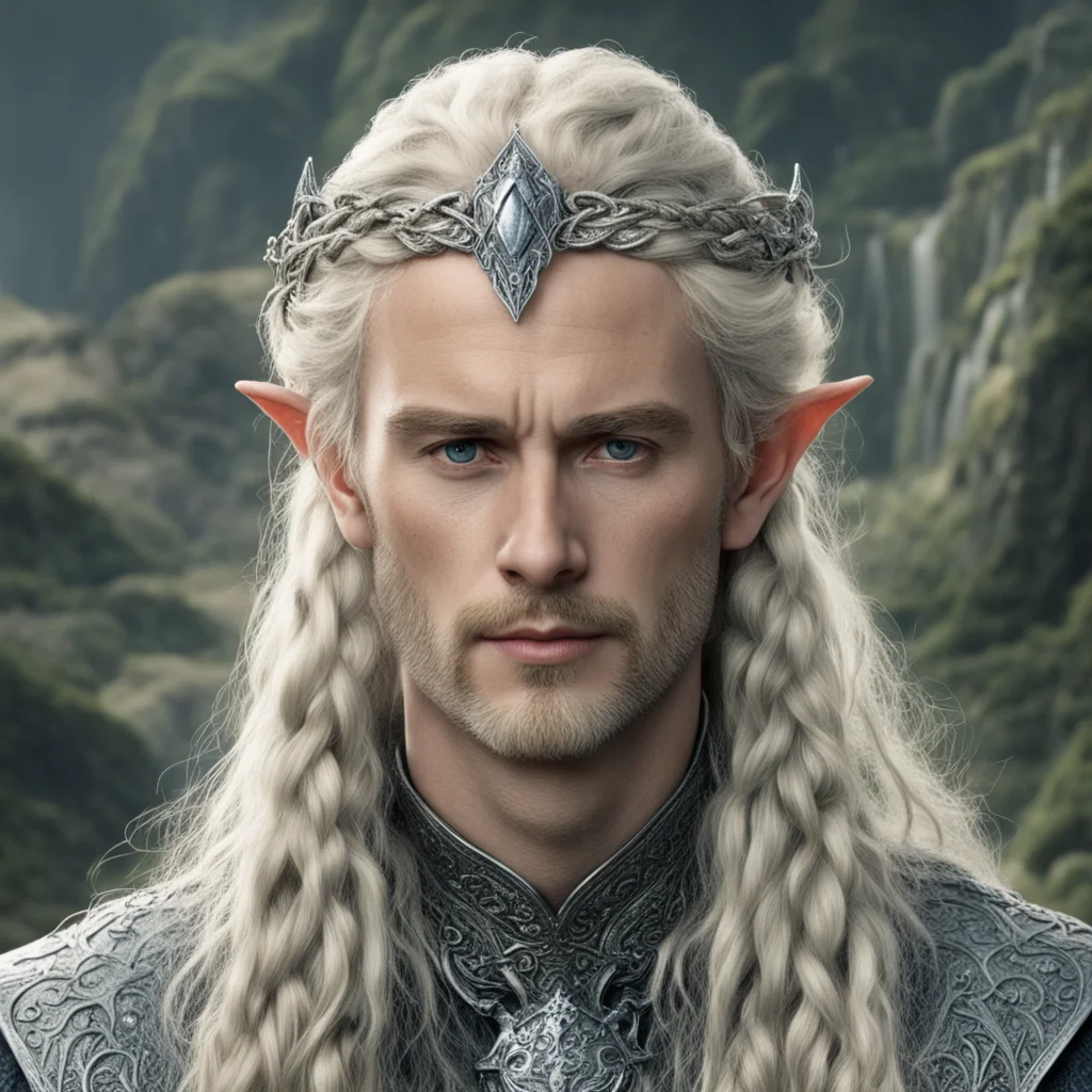 tolkien king oropher with blond hair with braids wearing silver serpentine elvish circlet encrusted with diamonds good looking trending fantastic 1