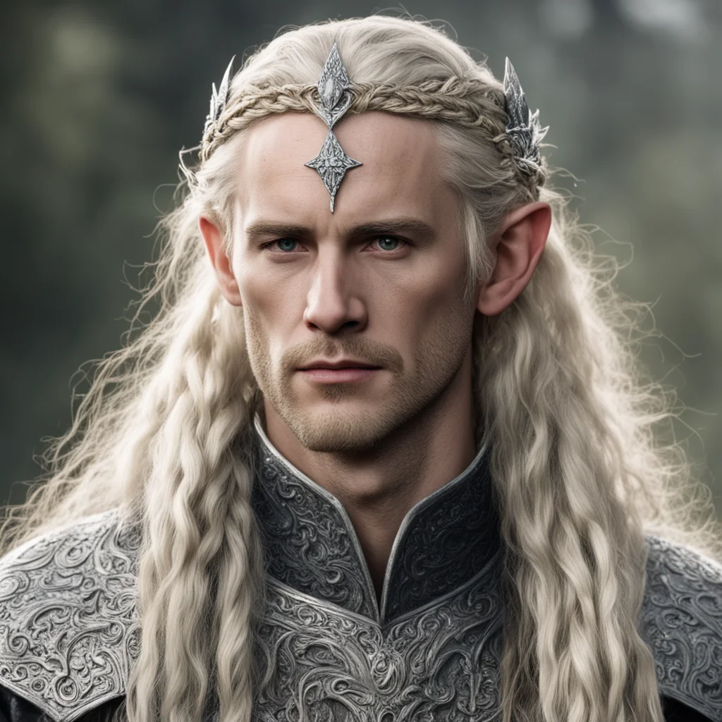 tolkien king oropher with blond hair with braids wearing silver sindarin elvish circlet studded with diamonds good looking trending fantastic 1