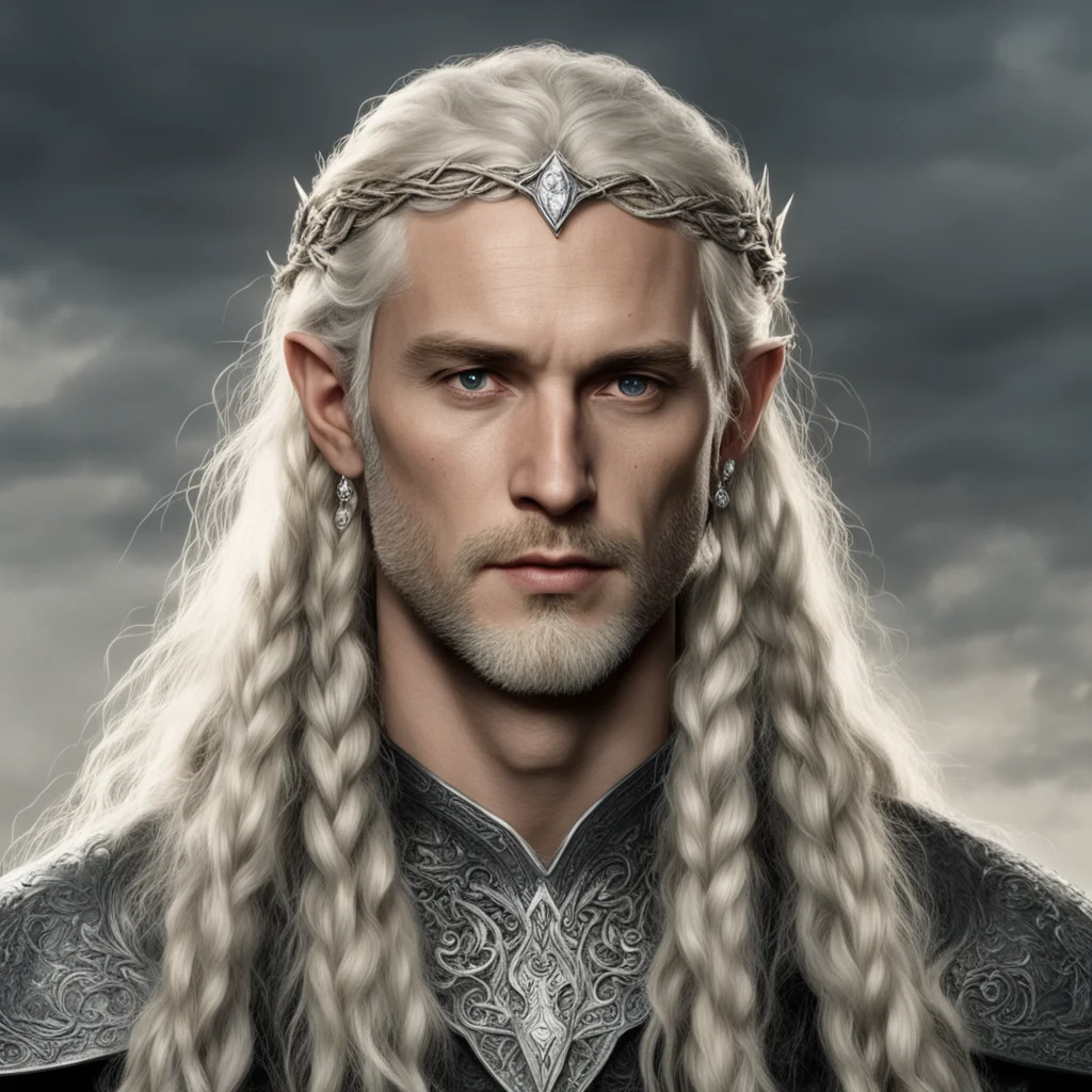 aitolkien king oropher with blond hair with braids wearing silver sindarin elvish circlet studded with diamonds