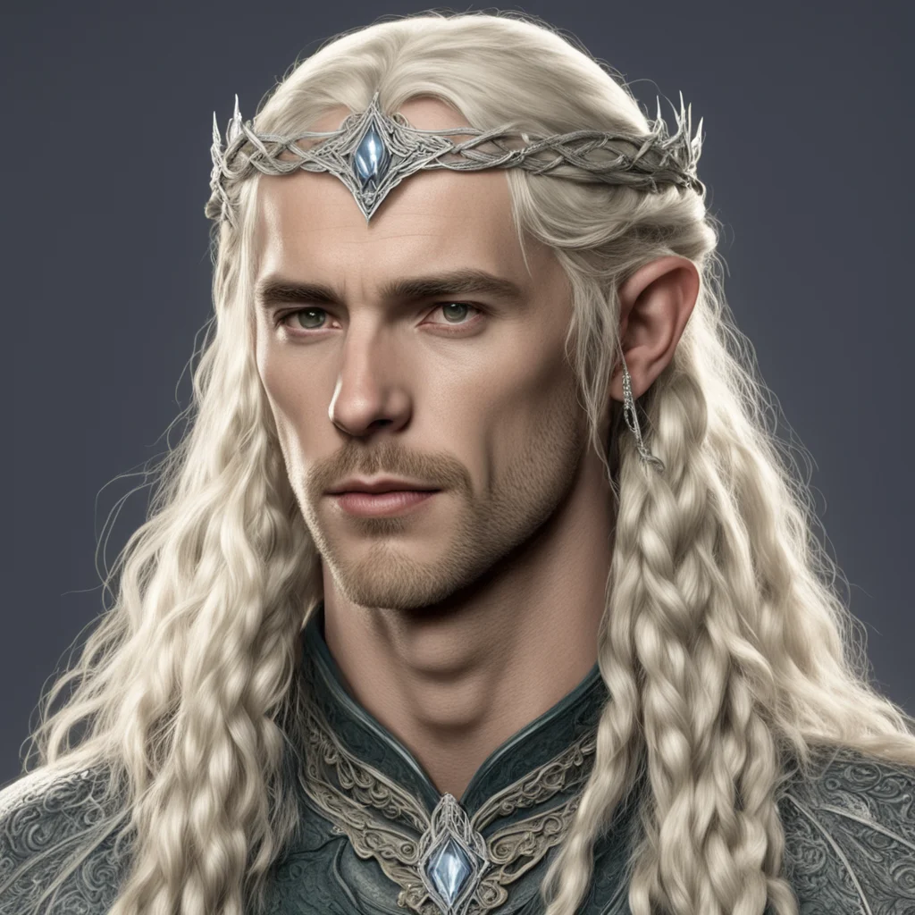 aitolkien king oropher with blond hair with braids wearing silver sindarin elvish circlet with diamonds good looking trending fantastic 1