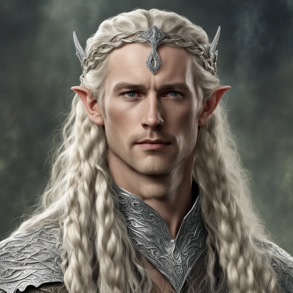 aitolkien king oropher with blond hair with braids wearing silver snake elven circlet with diamonds good looking trending fantastic 1