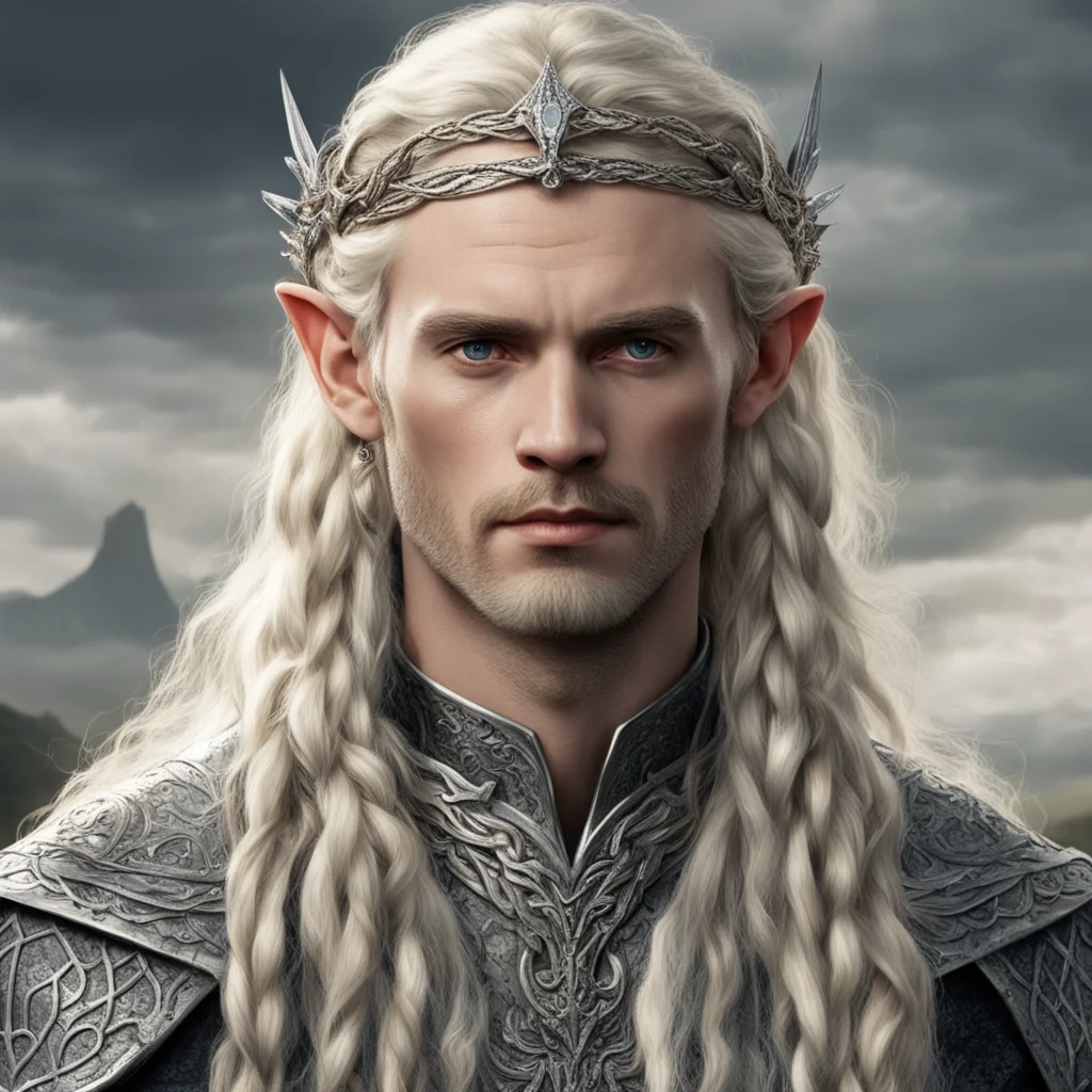 aitolkien king oropher with blond hair with braids wearing silver snake elven circlet with diamonds