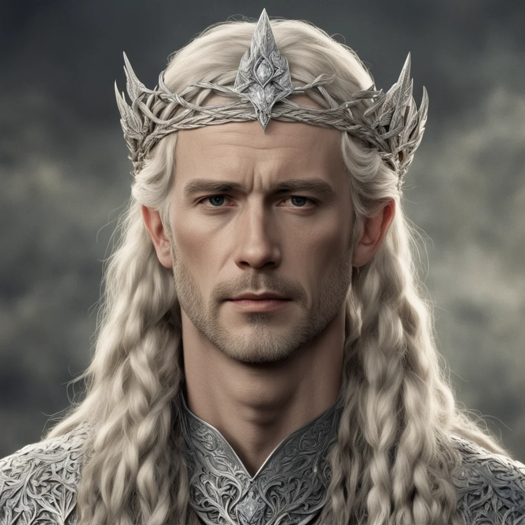 tolkien king oropher with blond hair with braids wearing silver twig circlet with large diamonds