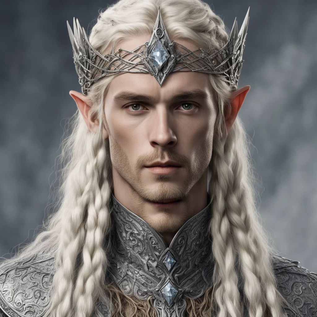 aitolkien king oropher with blond hair with braids wearing silver wood elf elvish coronet with large diamonds