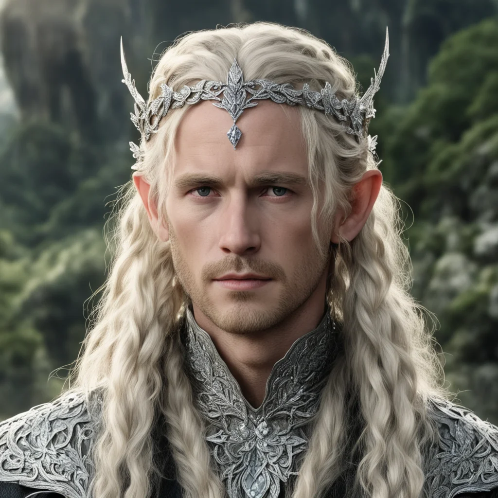 aitolkien king oropher with blonde hair and braids wearing silver laurel leaf elvish circlet encrusted with diamonds with large center diamond  amazing awesome portrait 2