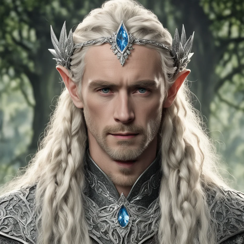 aitolkien king oropher with blonde hair and braids wearing silver laurel leaf elvish circlet encrusted with diamonds with large center diamond  confident engaging wow artstation art 3