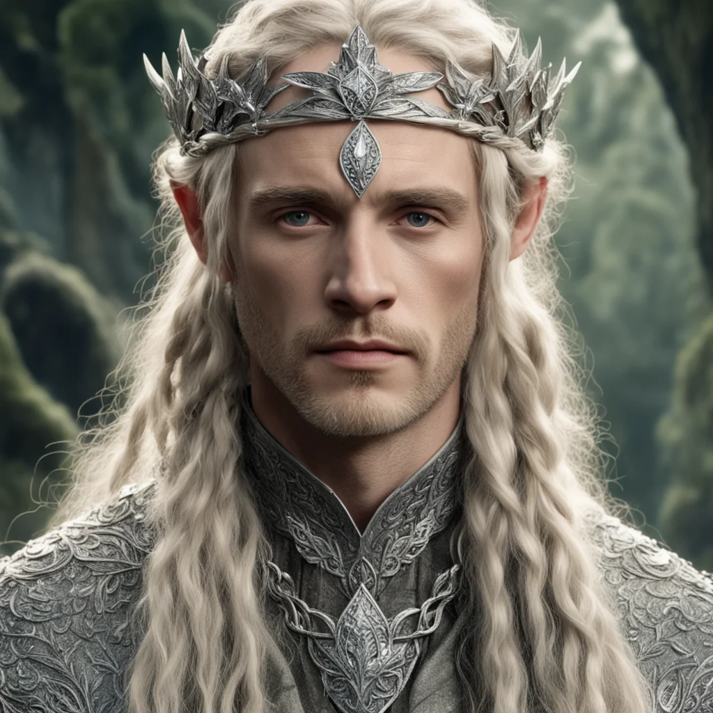 aitolkien king oropher with blonde hair and braids wearing silver laurel leaf elvish circlet encrusted with diamonds with large center diamond  good looking trending fantastic 1