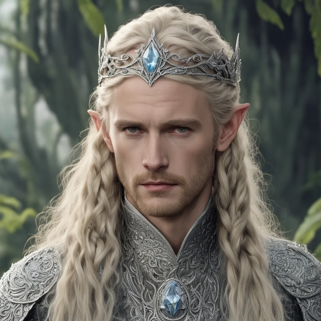 aitolkien king oropher with blonde hair and braids wearing silver laurel leaf elvish circlet encrusted with diamonds with large center diamond 