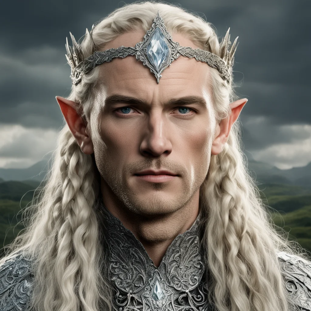 tolkien king oropher with blonde hair and braids wearing silver laurel leaf elvish circlet heavily encrusted with diamonds with large center circular diamond amazing awesome portrait 2