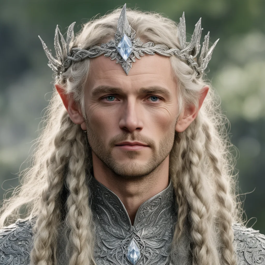 aitolkien king oropher with blonde hair and braids wearing silver laurel leaf elvish circlet heavily encrusted with diamonds with large center circular diamond good looking trending fantastic 1